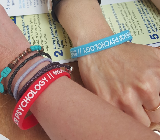 Red and Blue wristbands from Bangor University Psychology